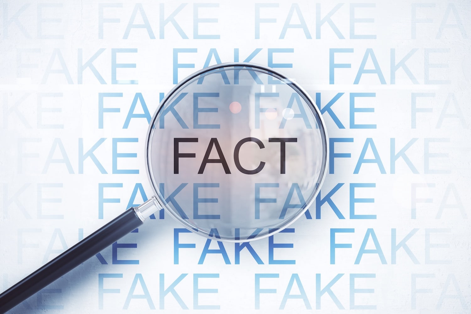 A magnifying glass over the word FACT with the word FAKE all around it
