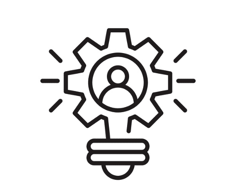 A gear symbol with a person in the middle signifying proactivity