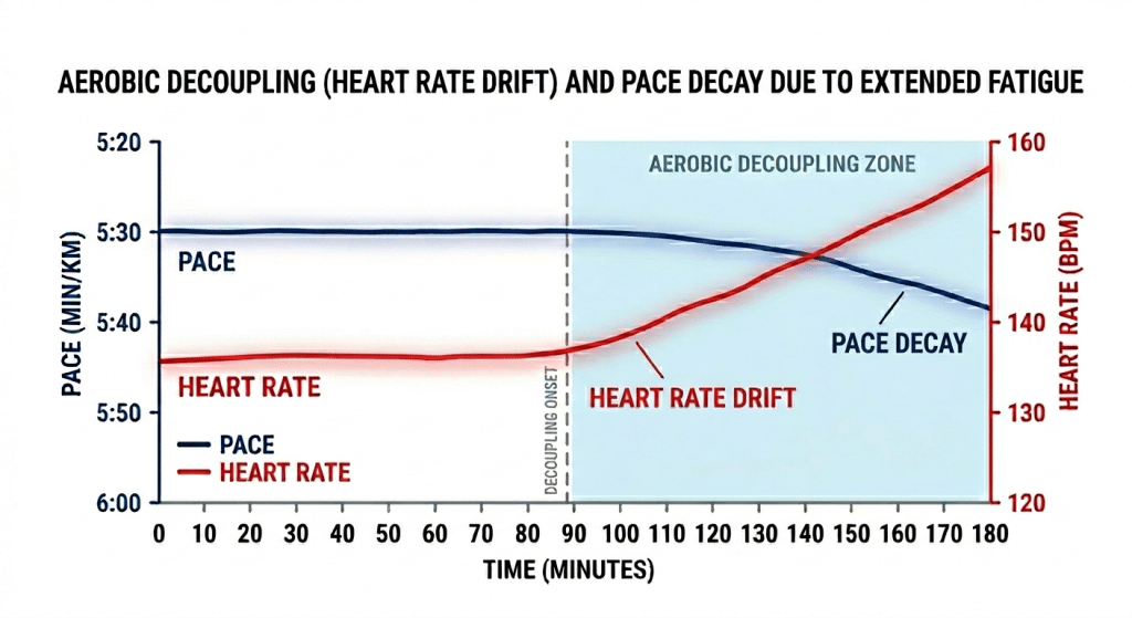 Aerobic decoupling graph showing heart rate gradually rising while running pace declines during a prolonged steady run, illustrating durability breakdown and heart rate drift over time