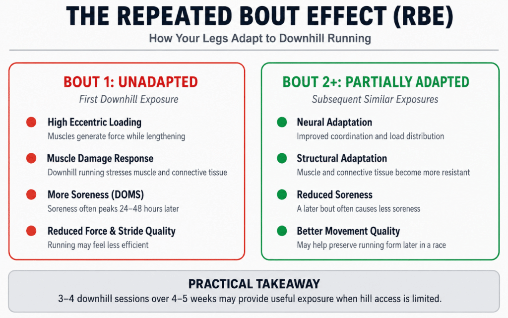 Infographic explaining the repeated bout effect in downhill running, showing how an initial downhill exposure can cause soreness and muscle damage while later similar exposures may lead to neural and structural adaptations, reduced soreness and better movement quality.